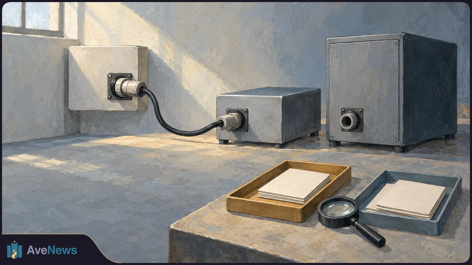 Painted scene of two gray equipment boxes, one connected by cable to a wall socket. Blank paper stacks in trays and a magnifying glass sit on the table. SI illustration