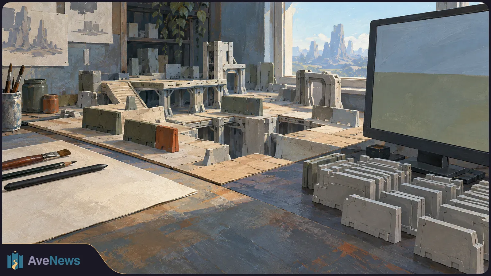 An illustrated workspace with a miniature city-like layout on a desk, brushes and pencils, sketches on the wall, and a blank monitor beside a window. SI illustration