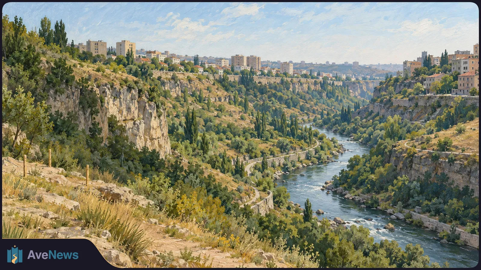 Painted view of a river winding through a green, rocky gorge, with paths along the banks and buildings on the ridges. SI illustration