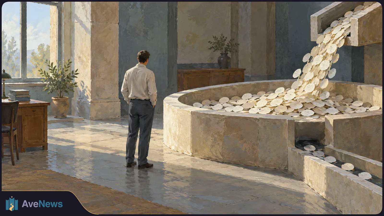 A painted scene shows a man from behind watching pale discs spill from a chute into a large stone basin in a sunlit room. SI illustration