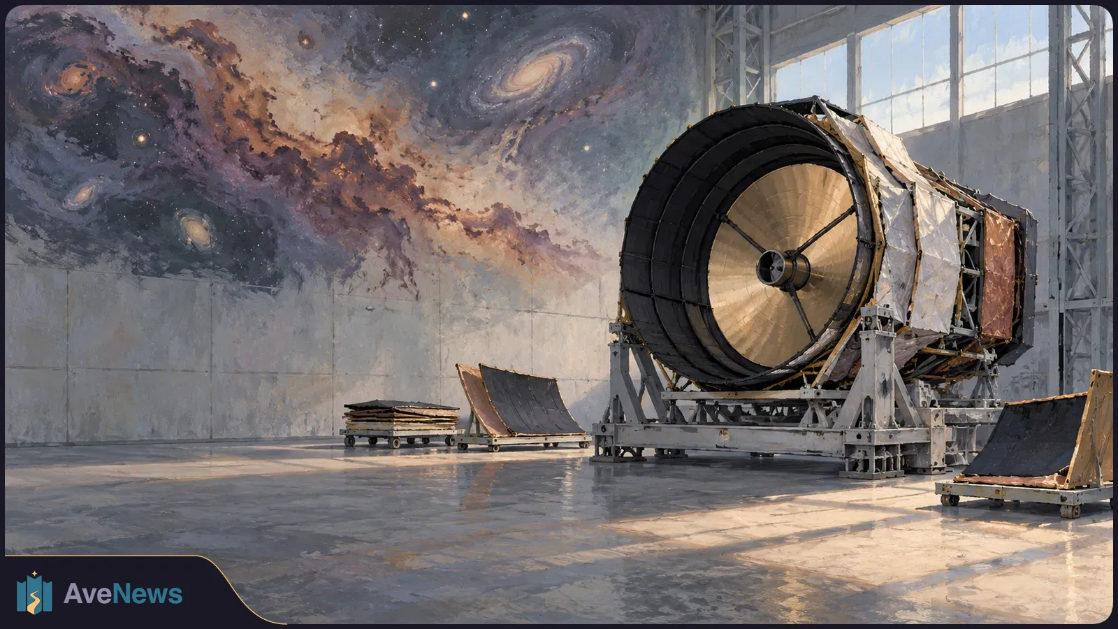 A large cylindrical telescope rests on a support inside a sunlit hangar. Galaxy imagery covers the wall behind it, and panels sit on wheeled carts nearby. SI illustration