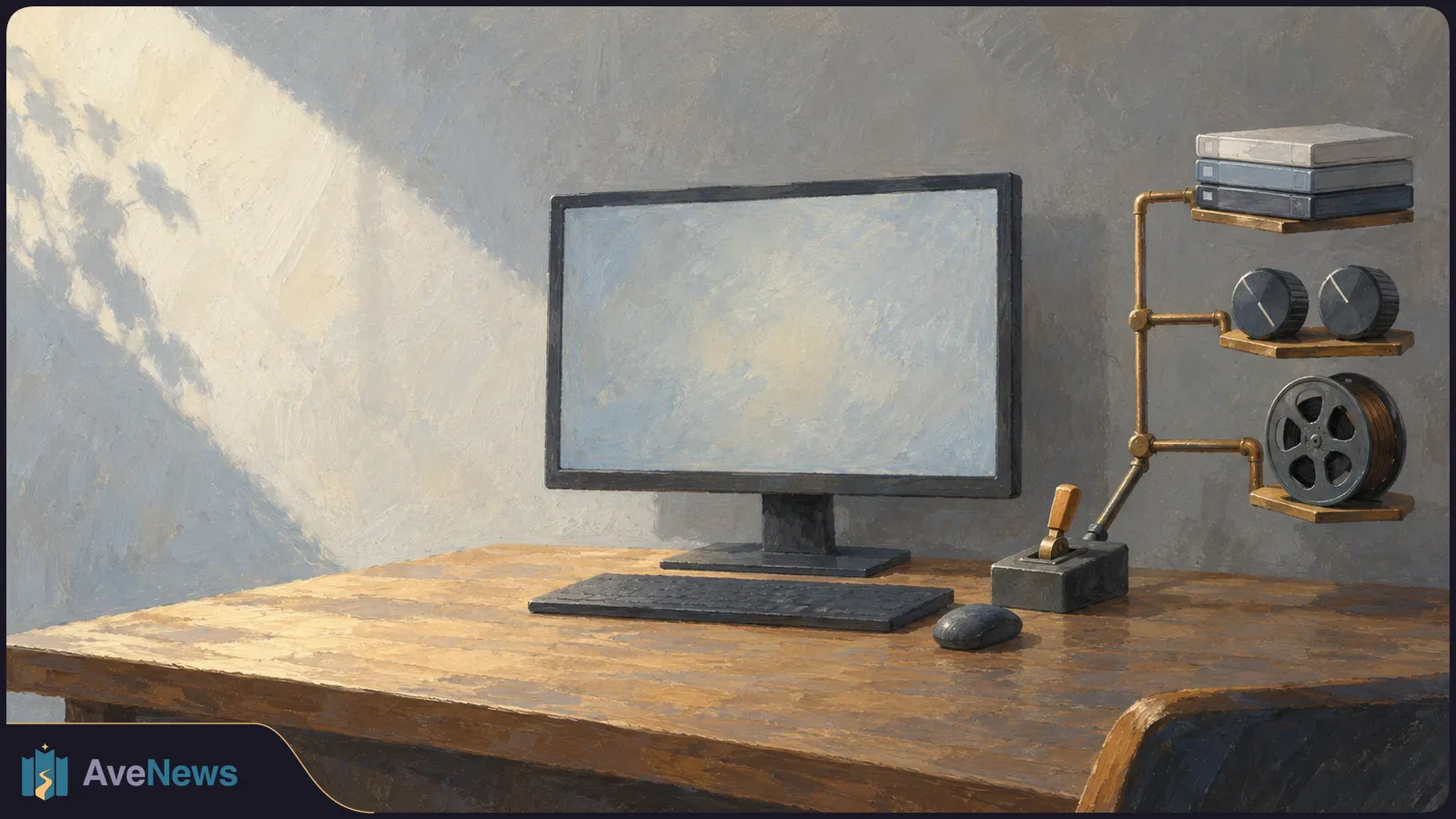 Painted illustration of a blank computer monitor, keyboard and mouse on a wooden desk, beside a lever switch and shelves holding film reels and stacked cases. SI illustration