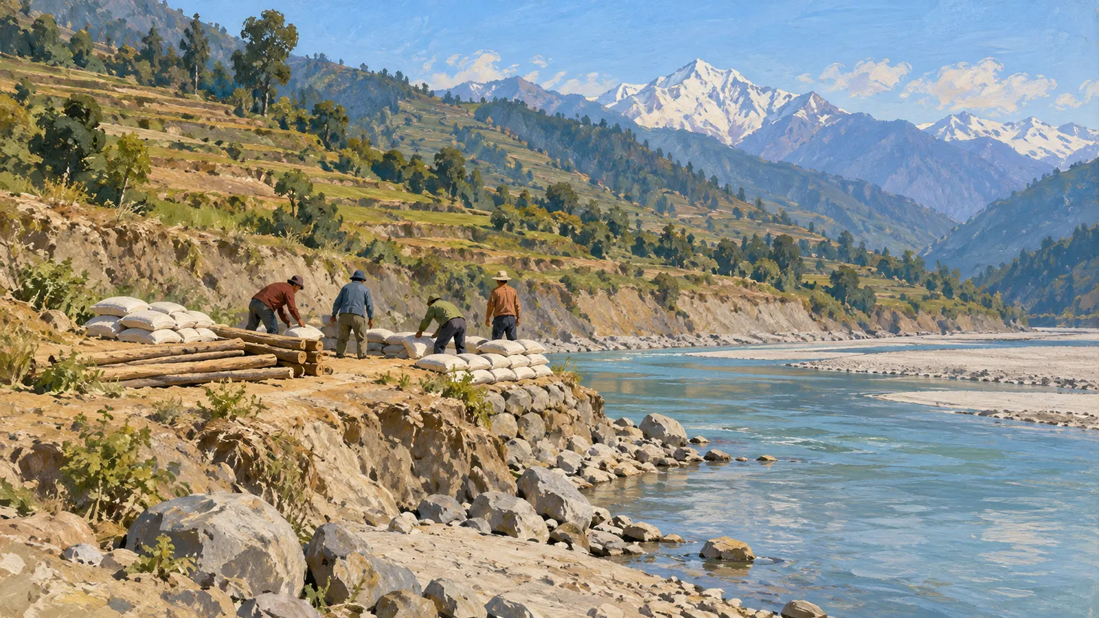 A painted mountain river scene with four people working beside stacked sandbags and logs, beneath terraced hills and snowcapped peaks. SI illustration