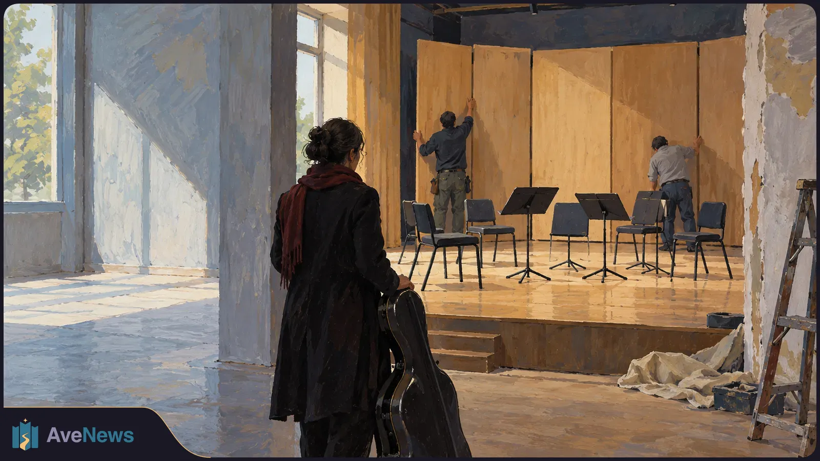 Painted scene of a woman carrying a large instrument case toward a small stage with chairs and music stands, while two people work on wooden wall panels. SI illustration