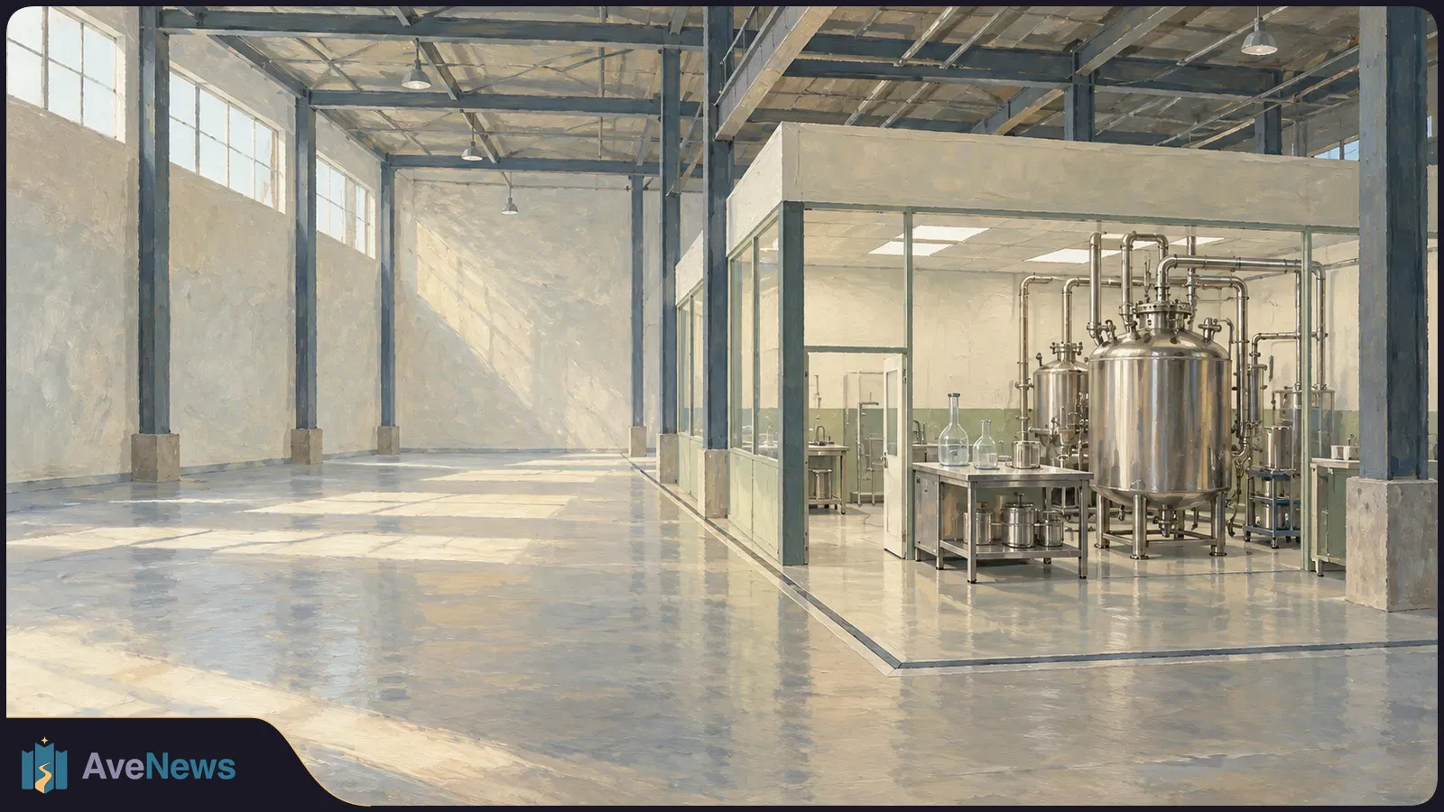 An empty, sunlit industrial hall beside a glass-walled workspace with stainless-steel tanks, pipes and glass bottles. SI illustration