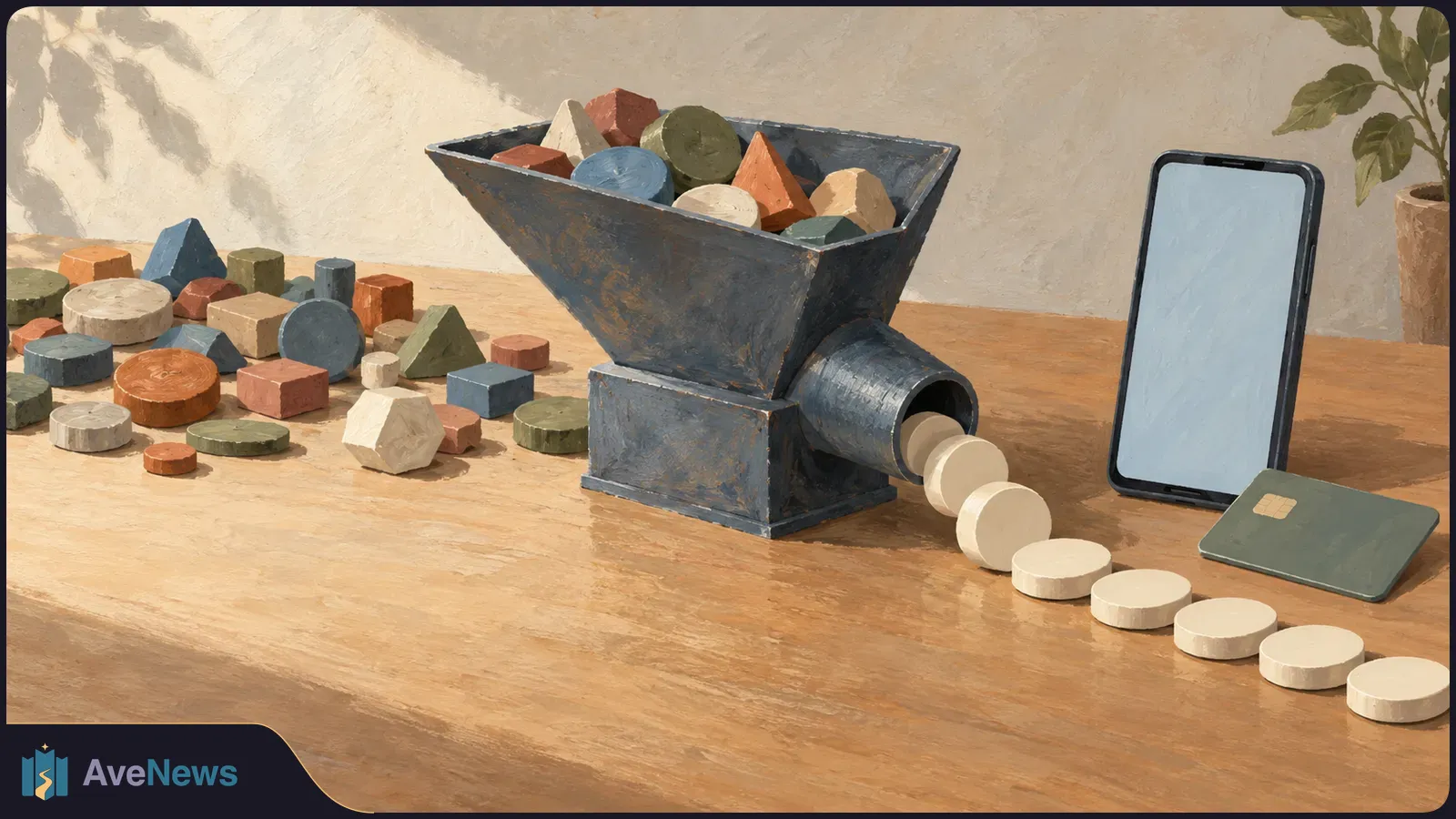 Painted scene of colored geometric pieces feeding a dark funnel-shaped machine. Pale discs emerge beside a blank smartphone and a chip card on a wooden table. SI illustration