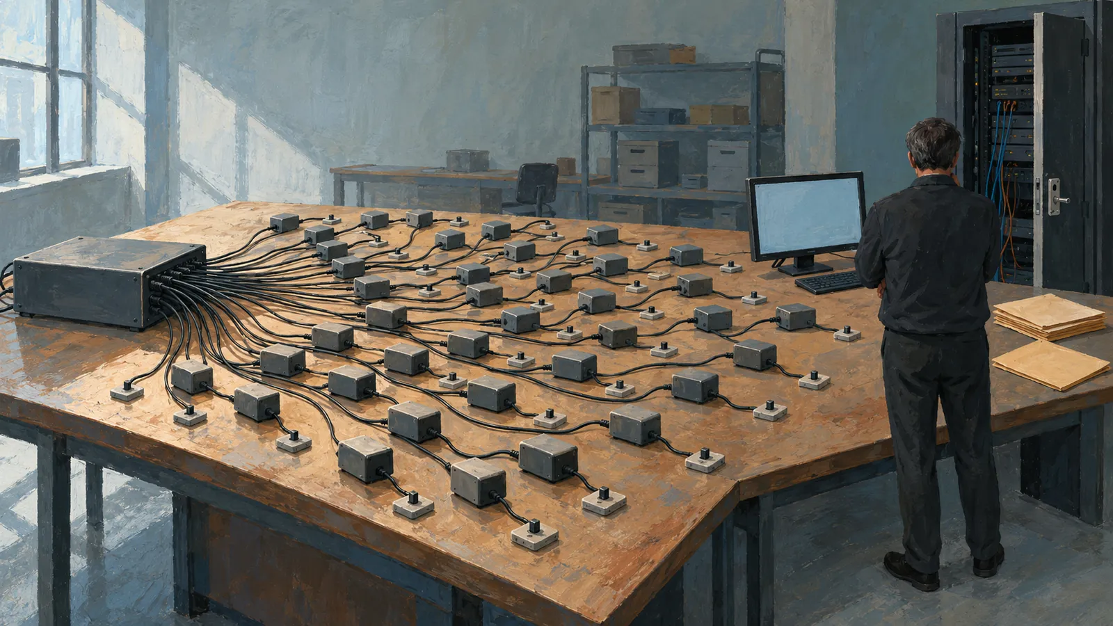 Illustration of a person facing an open server rack beside a large table covered with wired boxes and switches, a blank monitor, and folders. SI illustration