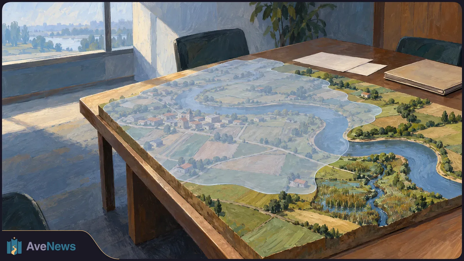 Painted meeting room with a miniature landscape of rivers, fields and houses spread across a table. A translucent blue shape covers part of it; blank papers lie nearby. SI illustration