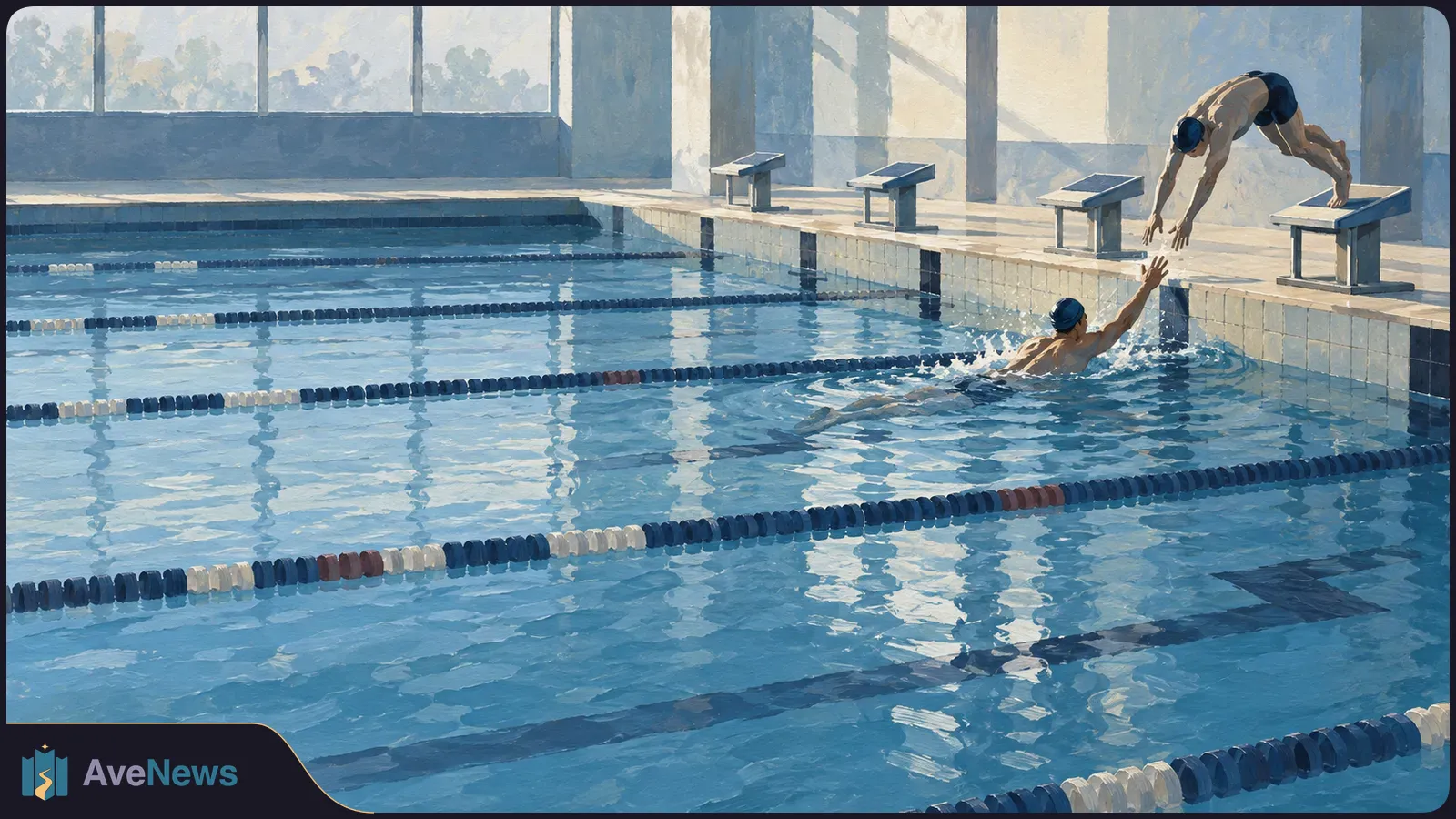 Painterly illustration of an indoor pool: a capped swimmer dives from a starting block toward another swimmer reaching up from the water between lane ropes. SI illustration