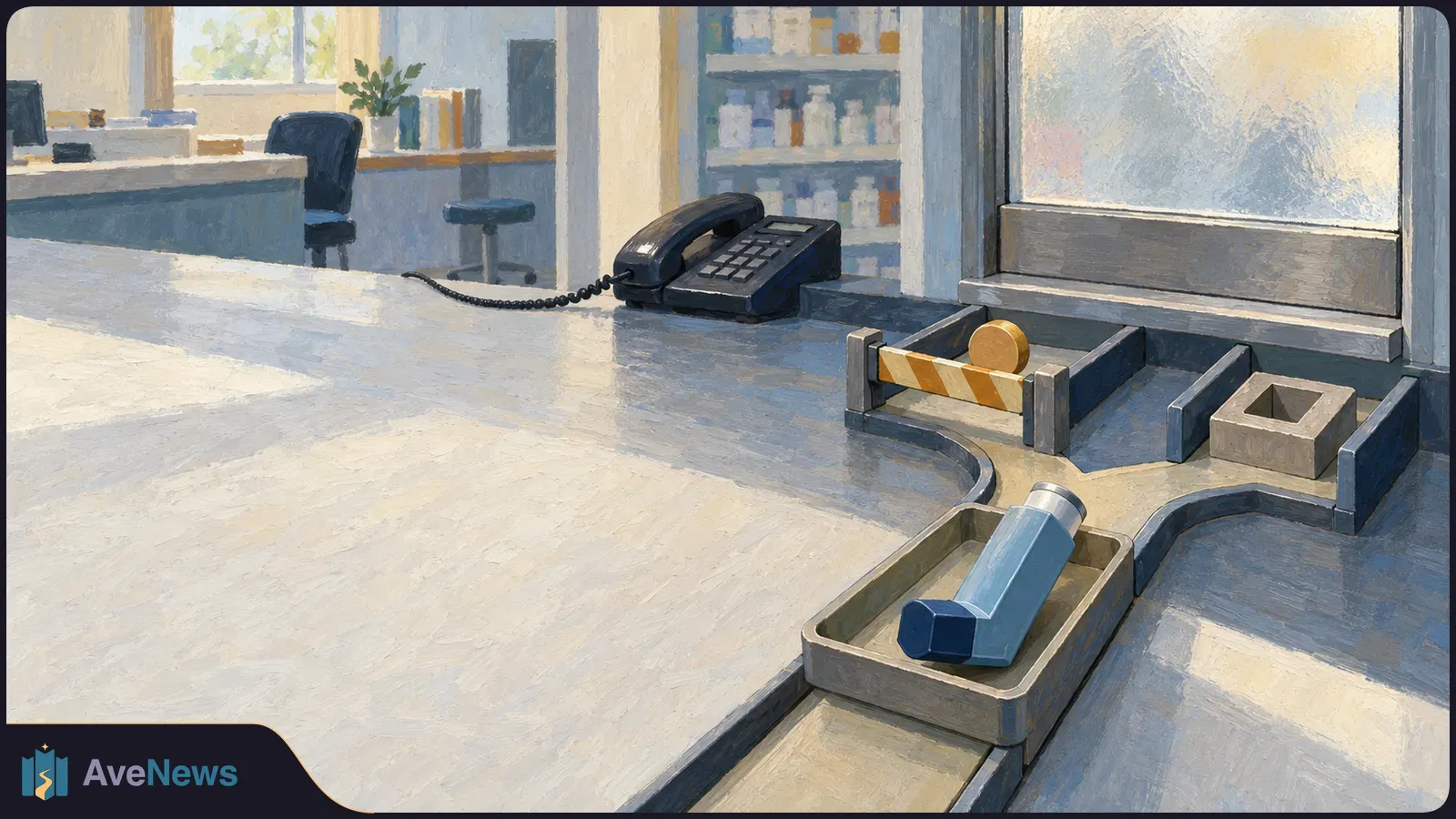 Painted pharmacy counter with a blue inhaler in a tray, a striped barrier farther along the counter, and a telephone and medicine shelves behind it. SI illustration