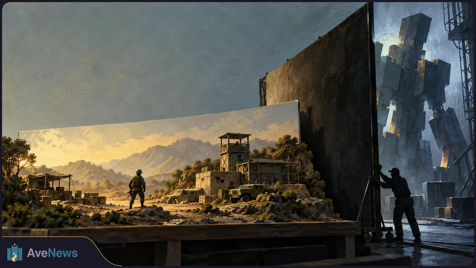 A soldier stands in a sunlit desert set as another figure moves a tall black panel, separating it from a giant blocky robot in a dark studio. SI illustration