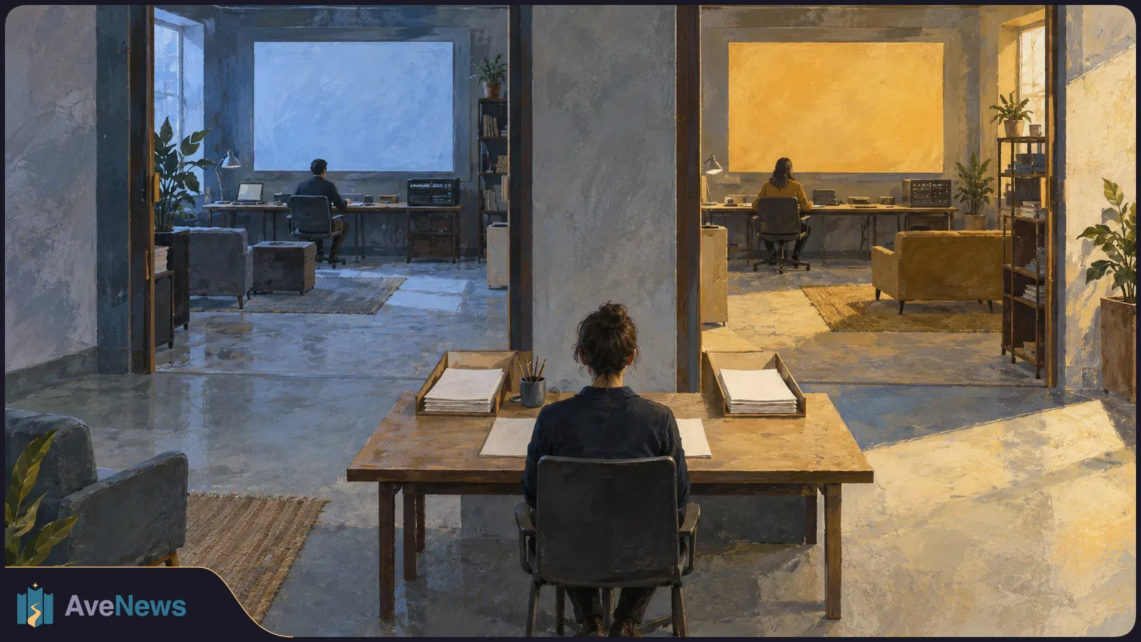 Painterly view of three people seated at desks in adjoining office rooms, with papers in the foreground and large blue and yellow panels on the back walls. SI illustration