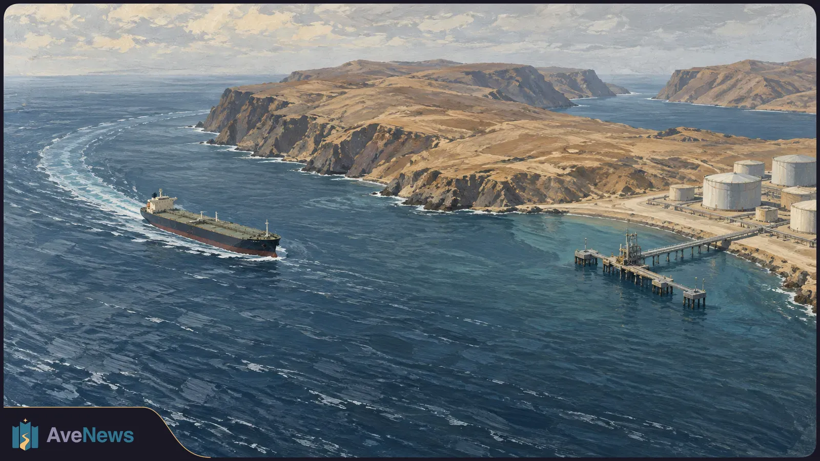 Painted aerial view of an oil tanker crossing blue water near a rocky coast, with storage tanks and a long pier on shore. SI illustration