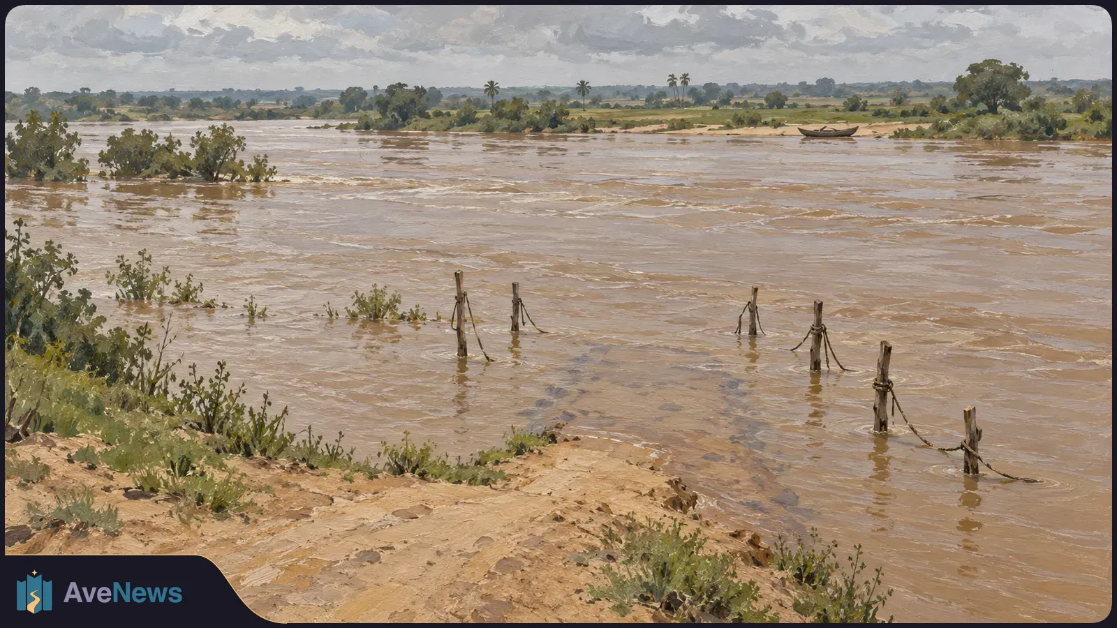 Painting of a broad muddy river under a cloudy sky, with submerged shrubs and rope-linked posts beside a sandy bank. A small boat rests on the distant shore. SI illustration