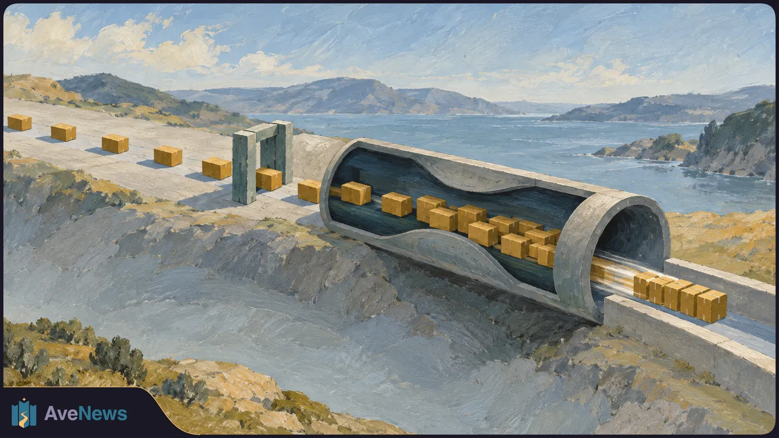 Painted coastal landscape with small yellow blocks entering a wide, cutaway tunnel and emerging in a tight row beside the water. SI illustration
