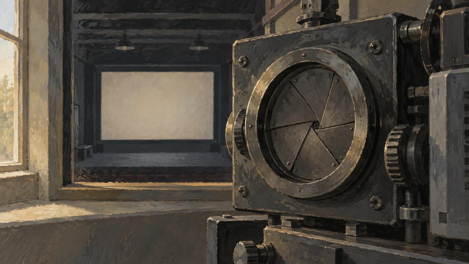 A painted illustration of a large, closed metal shutter on a machine, with a blank screen in a dark room behind it and sunlight entering from the left. SI illustration