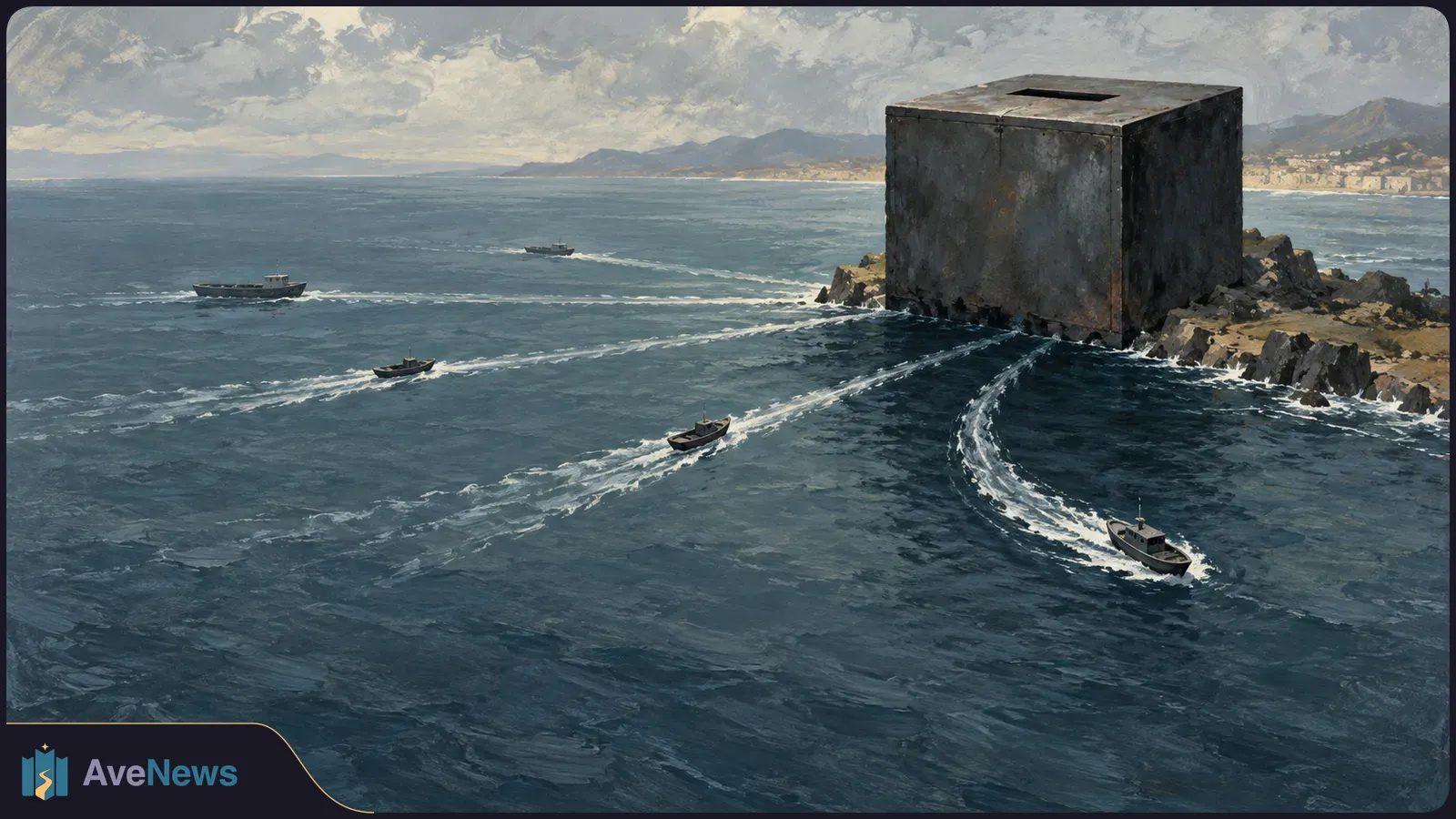 Painterly seascape with five small boats leaving white wakes near a giant dark metal box on a rocky shore; mountains and clouds line the horizon. SI illustration