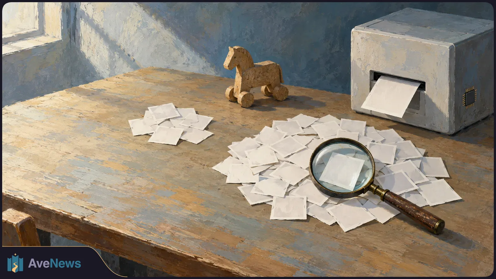 On a wooden table, a magnifying glass rests on piles of small white prints beside a wooden toy horse and a gray box feeding out a sheet of paper. SI illustration