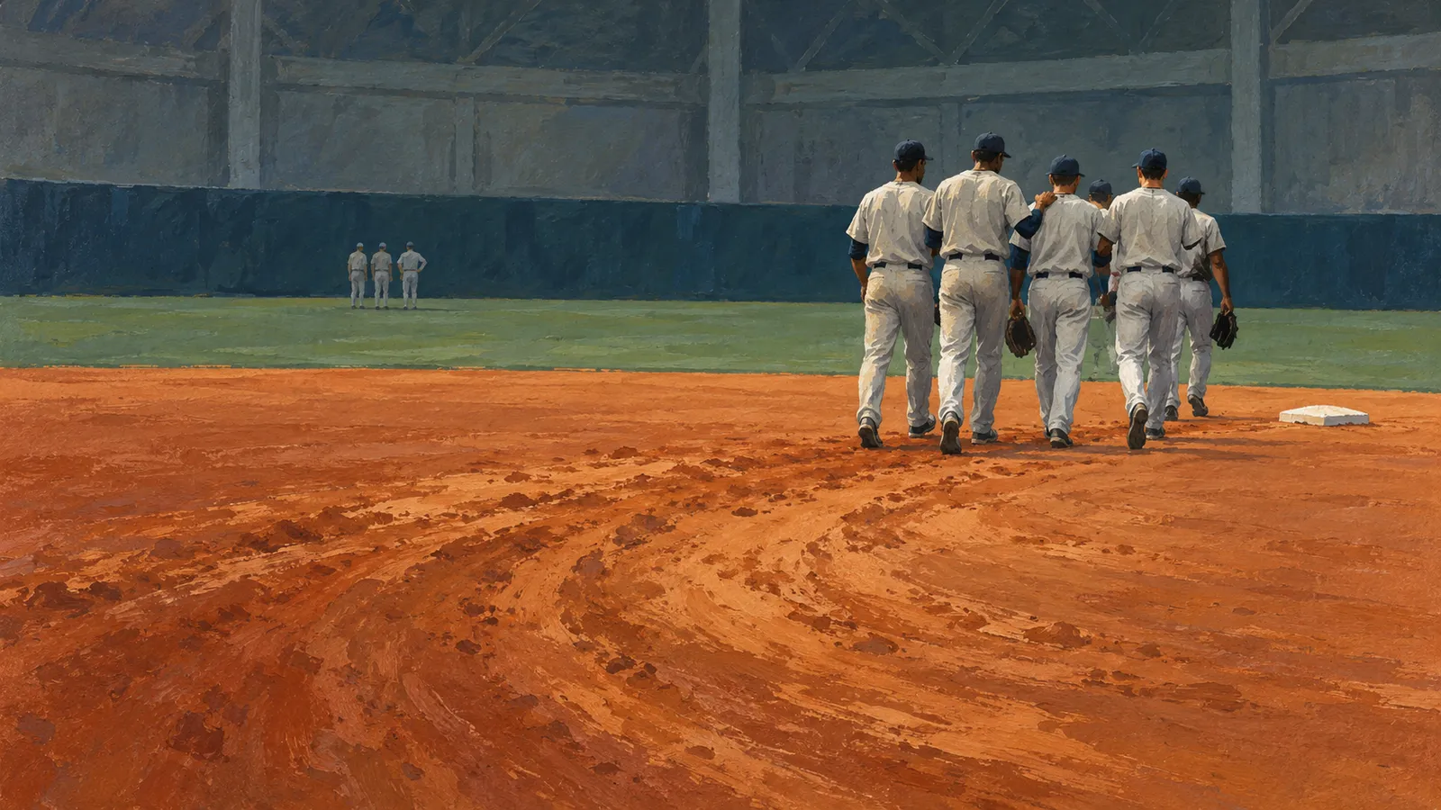 Illustration of baseball players in white uniforms walking across a reddish infield, with three players standing on the grass in the distance. SI illustration