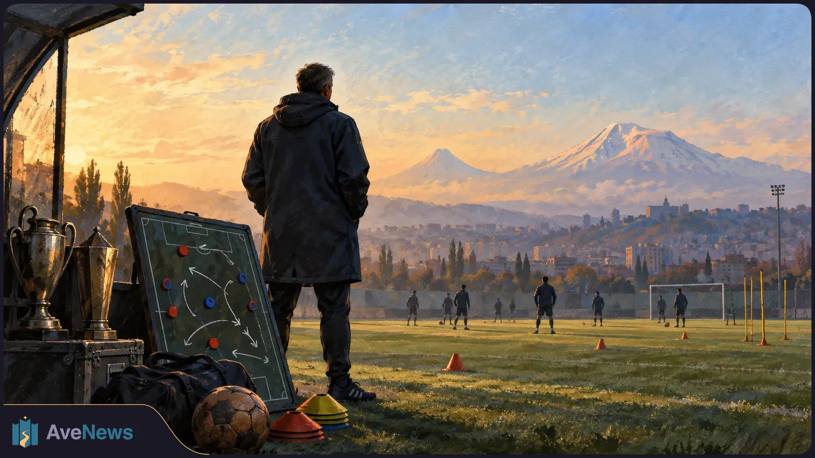 A coach seen from behind watches footballers train on a field. A tactics board, trophies and a ball sit nearby, with a city and snowcapped mountains in the distance. SI illustration