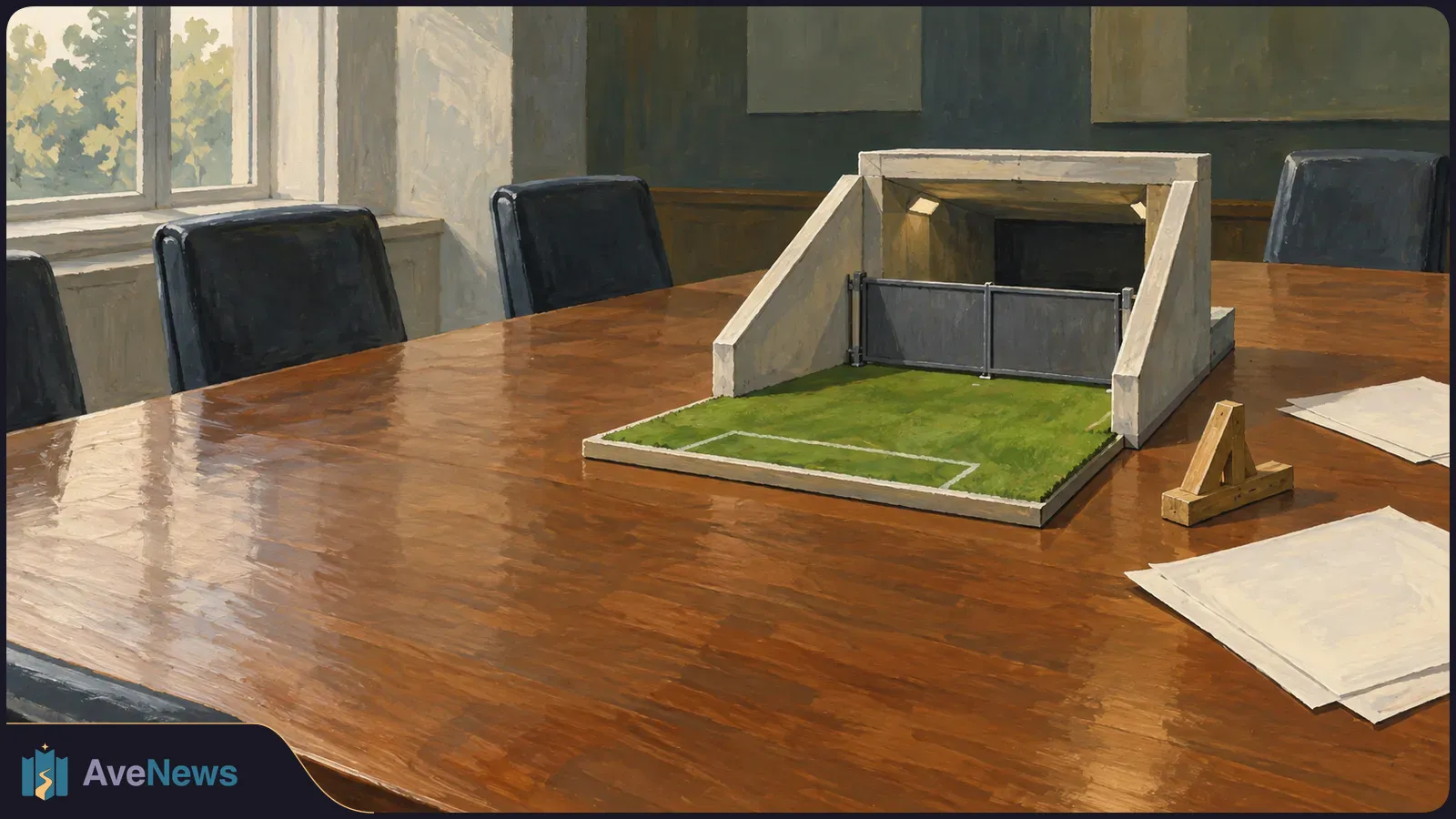 A miniature soccer pitch and tunnel with a closed metal gate sit on a conference table, surrounded by empty chairs and blank sheets of paper. SI illustration