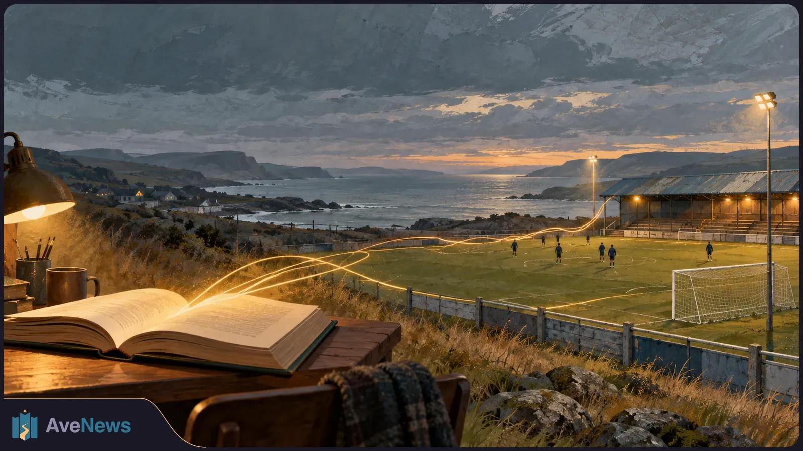 An open book on a wooden table, with a glowing trail leading toward a floodlit coastal football pitch and a few players under a cloudy sunset sky. SI illustration