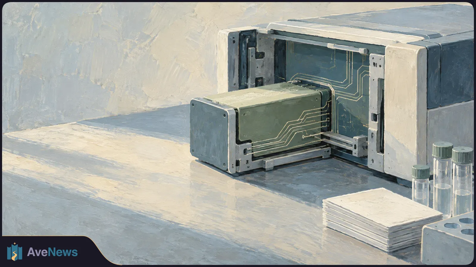Painted illustration of a rectangular module extending from an open laboratory machine, with capped vials and a stack of papers on the table. SI illustration