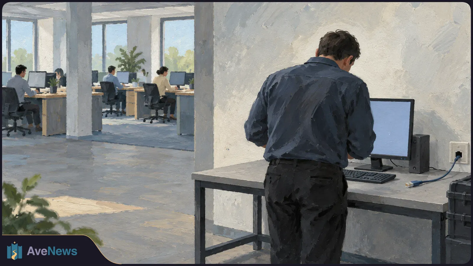 Painting of a man leaning over a blank computer monitor at a desk, with an Ethernet cable nearby; other people work at computers in the background. SI illustration