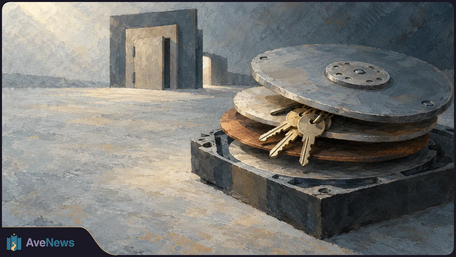 Painterly illustration of keys resting between stacked circular disks on a dark base, with a partly open door in the background. SI illustration