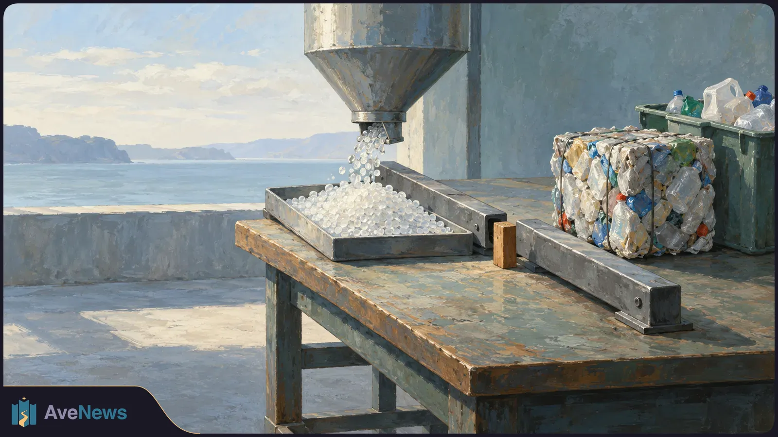 A painted coastal industrial scene shows white plastic pellets falling from a metal hopper into a tray beside a bale of discarded plastic bottles. SI illustration