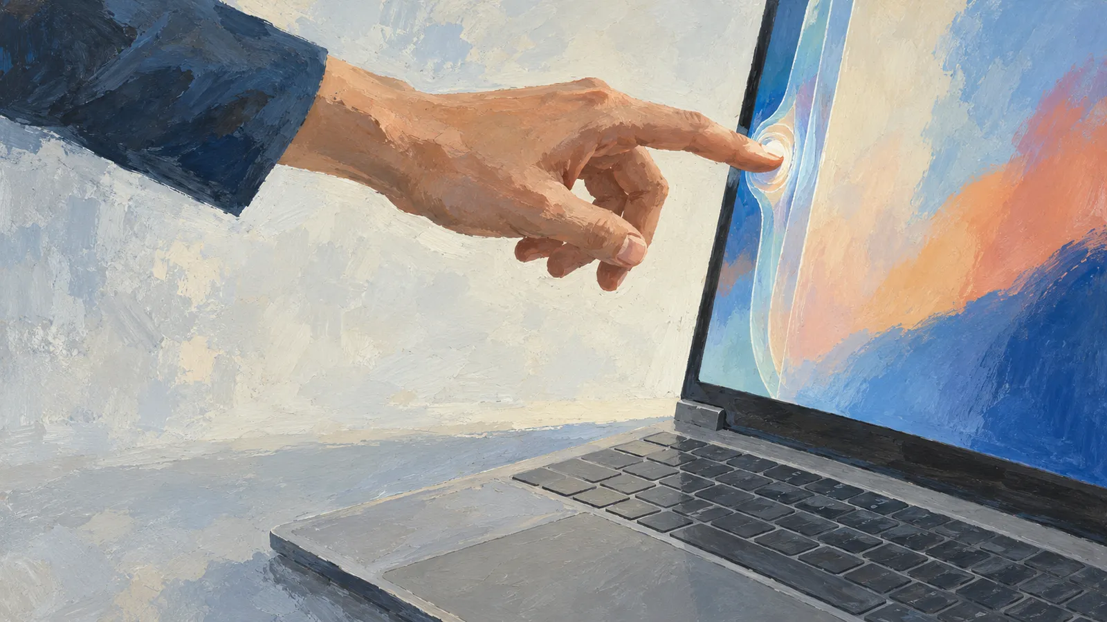 A painted illustration of a hand touching a glowing point on a laptop screen, above its keyboard and trackpad. The screen displays abstract blue, cream and orange colors. SI illustration