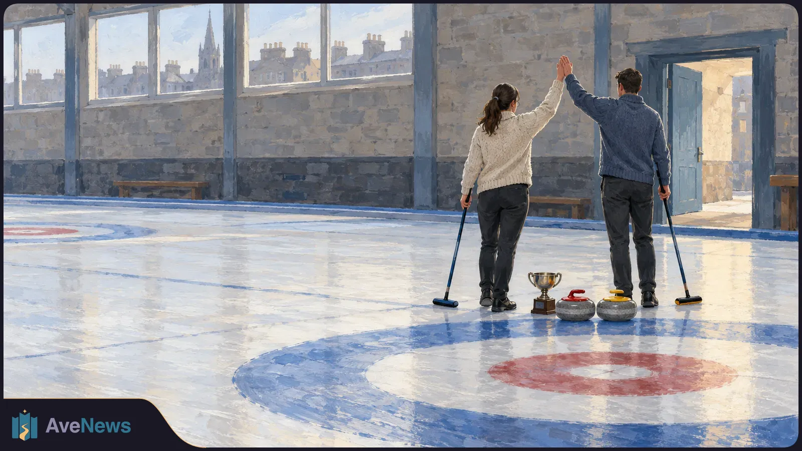 Two curlers seen from behind high-five on an ice rink, holding brooms. A trophy and two curling stones sit beside them. SI illustration