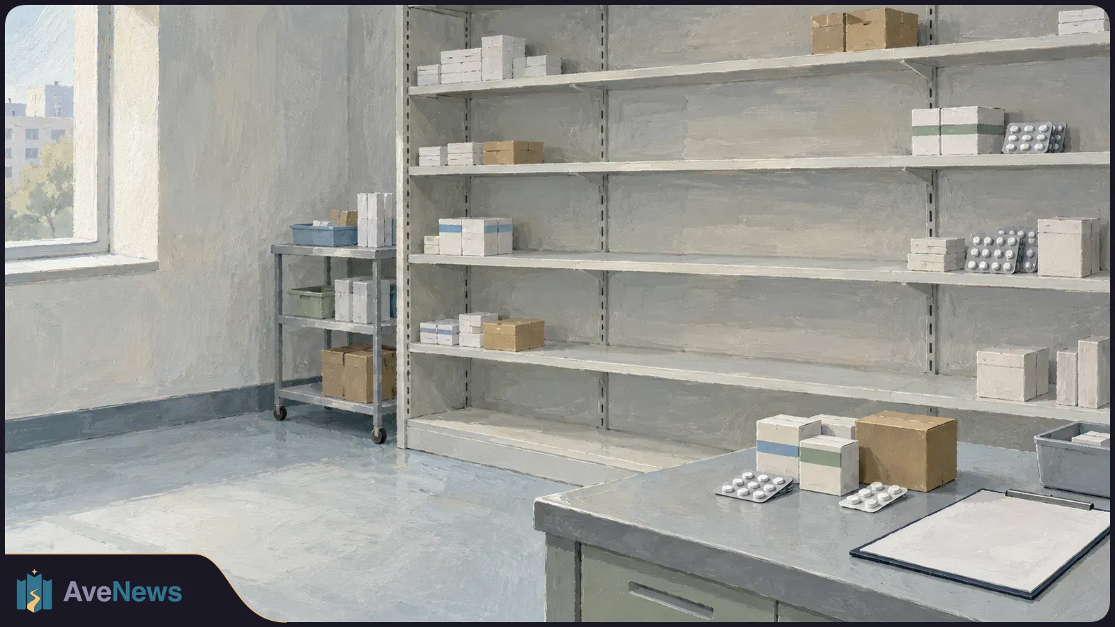 A painted medicine storeroom with sparsely stocked shelves, boxes and blister packs. More supplies and a blank clipboard sit on a counter. SI illustration