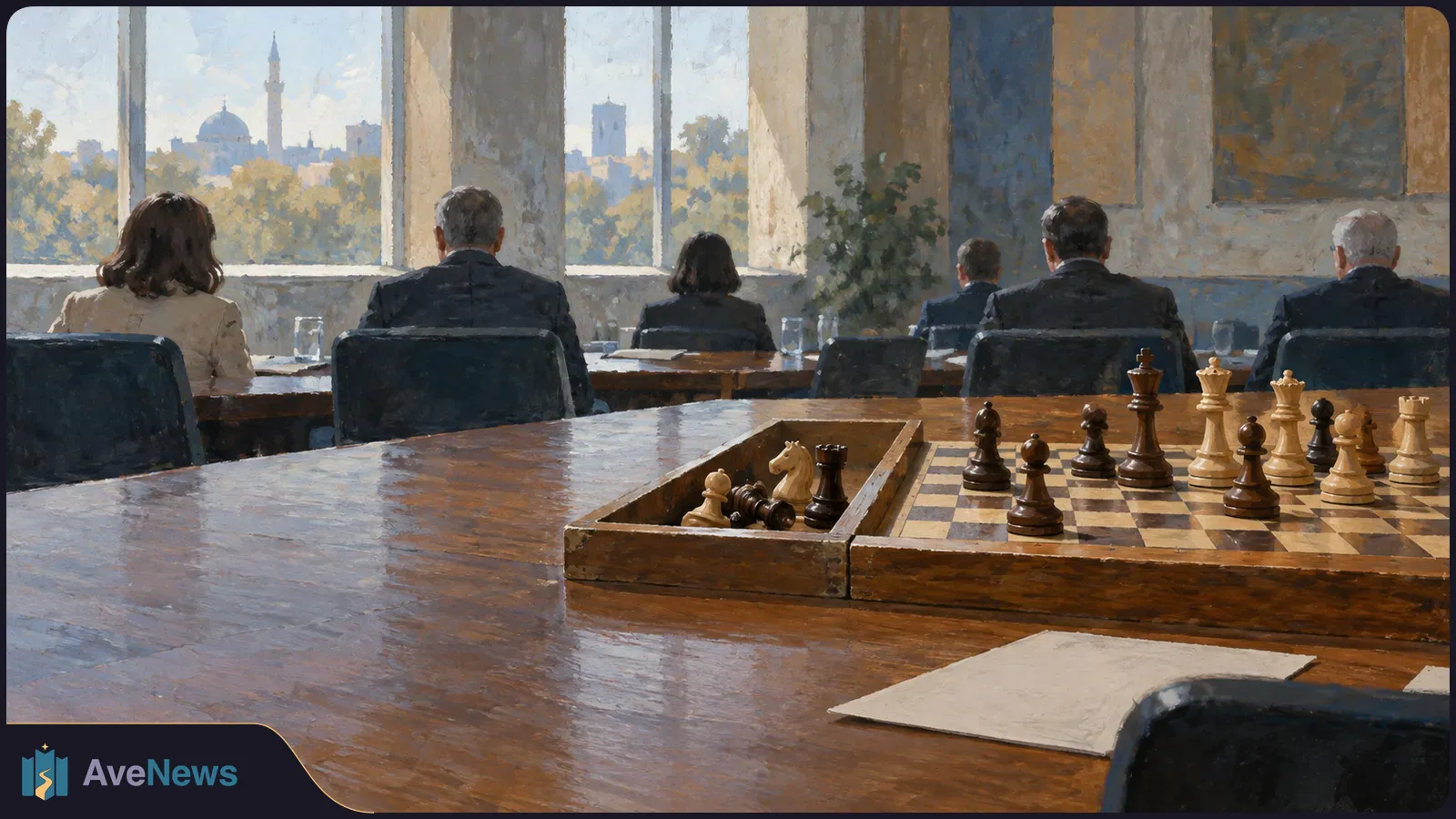 Painterly scene of a chessboard on a conference table, with several people seated facing tall windows and a distant city skyline. SI illustration