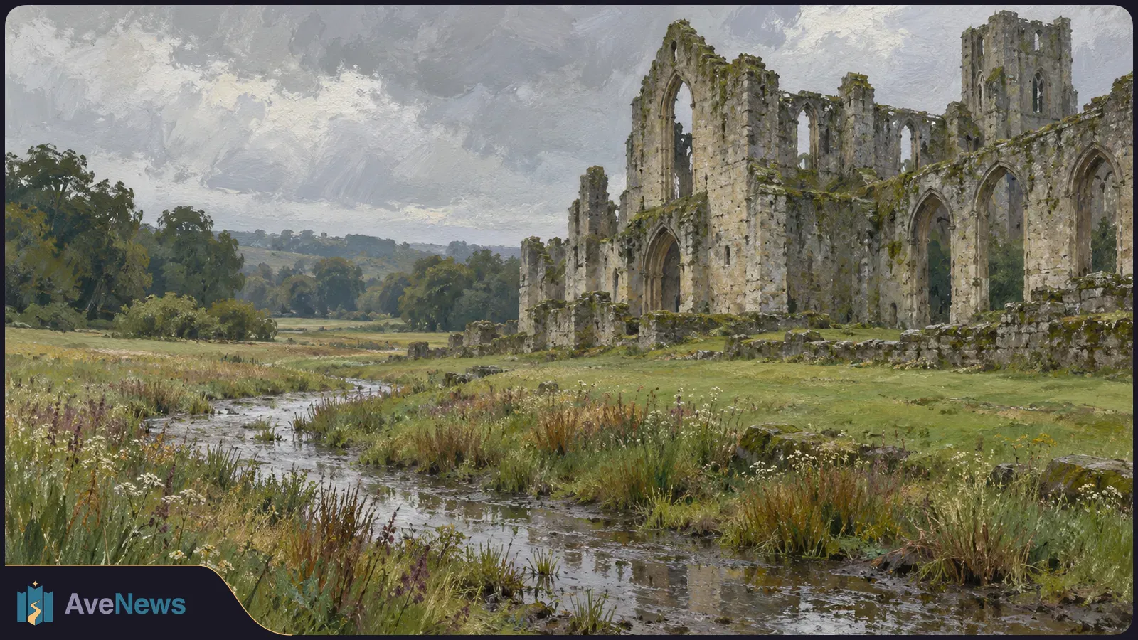 A painting of stone abbey ruins beside a shallow stream winding through tall grass and wildflowers under a cloudy sky. SI illustration