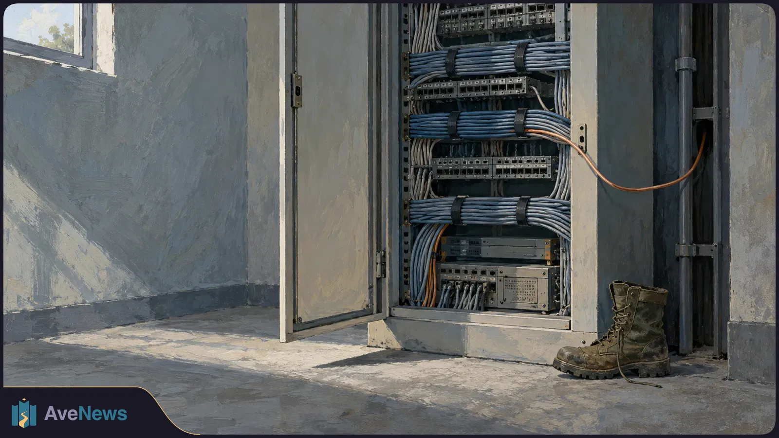 An open equipment cabinet holds rows of bundled cables and connectors; a loose cable hangs beside it, and a worn lace-up boot rests on the floor. SI illustration