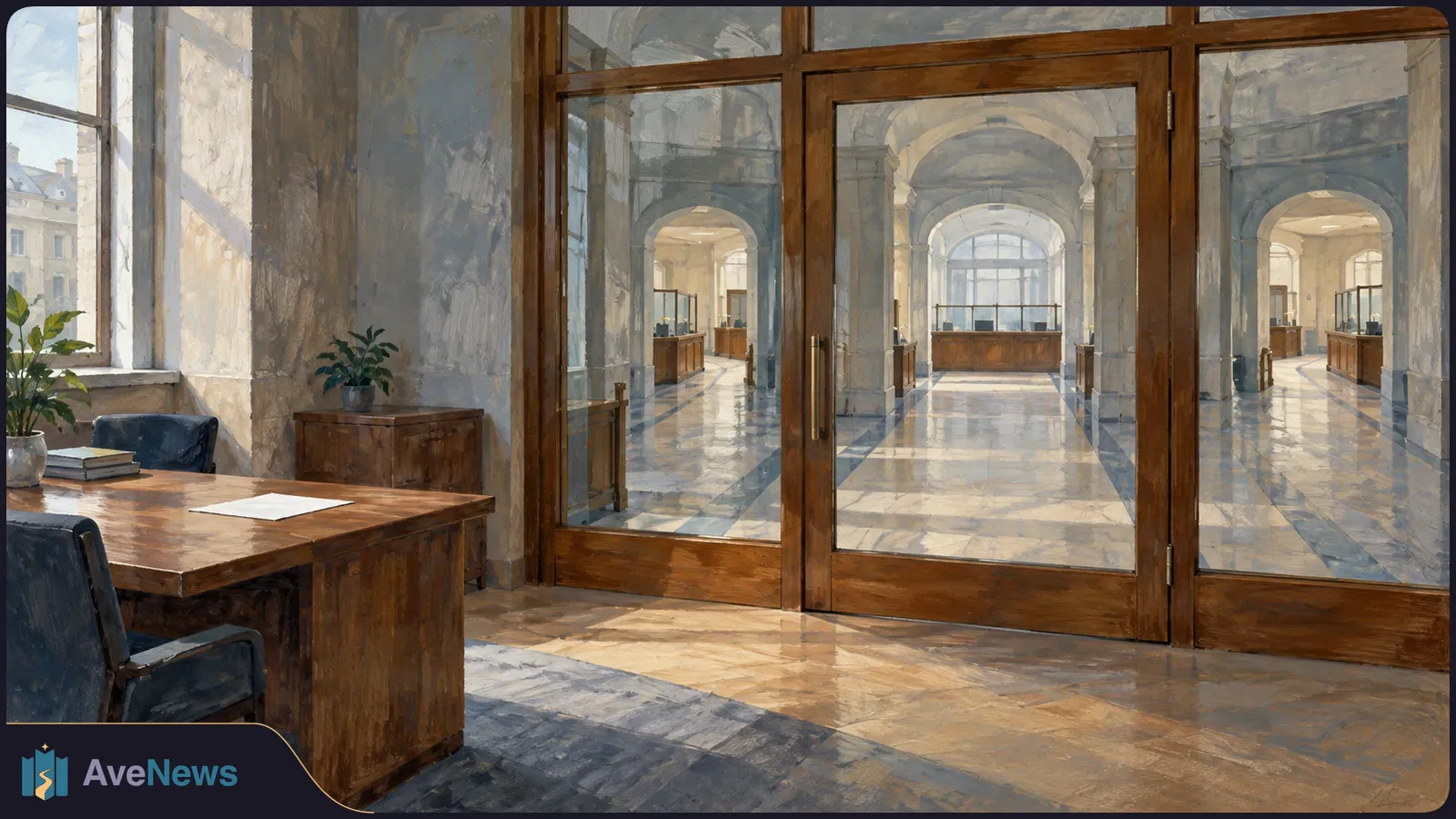 Painted view through wooden glass doors into an empty arched hall with service counters. A desk, chairs and potted plants are in the foreground. SI illustration