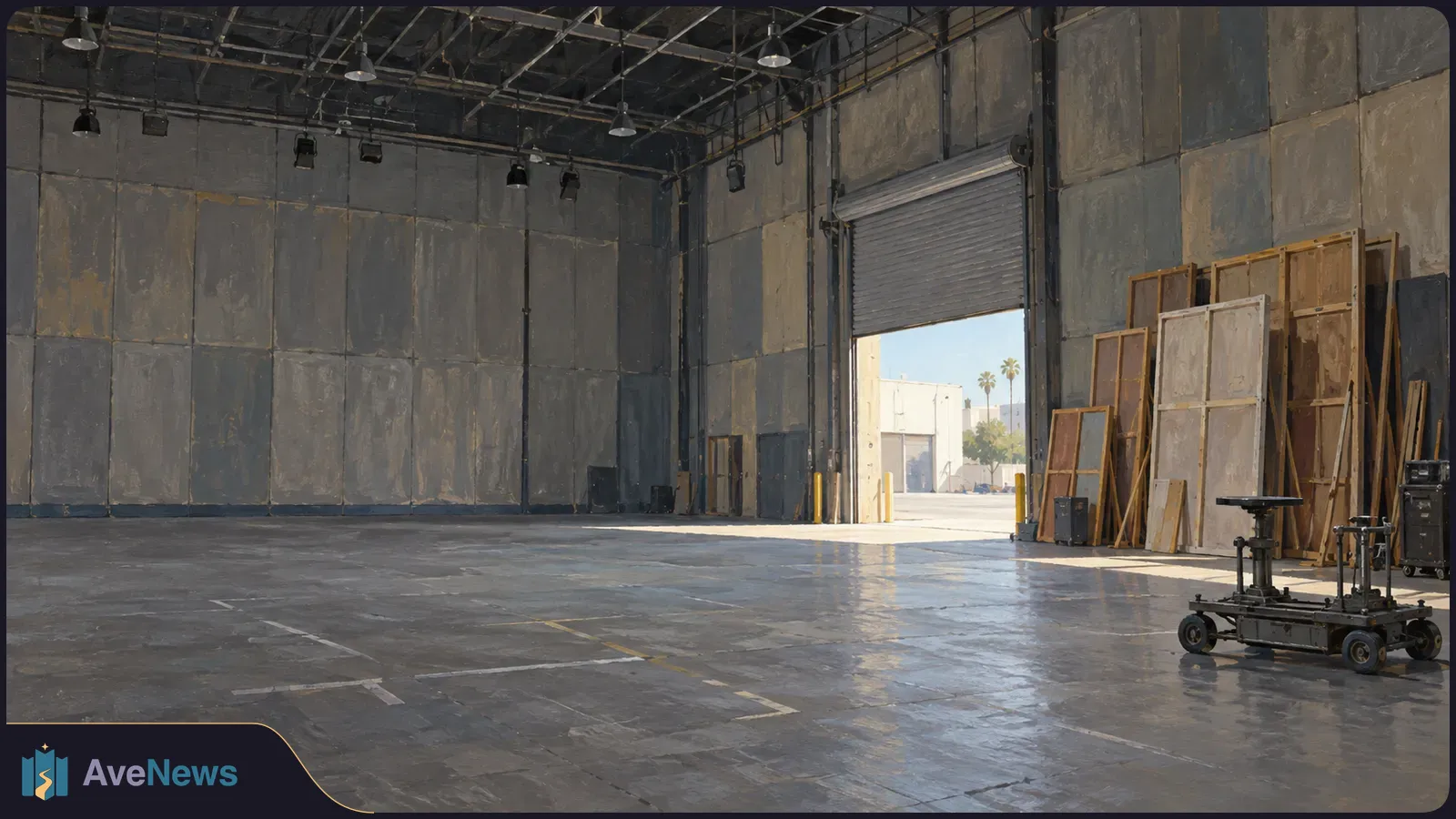 An empty soundstage with overhead lights, stacked set panels, a wheeled equipment platform and daylight coming through an open roll-up door. SI illustration