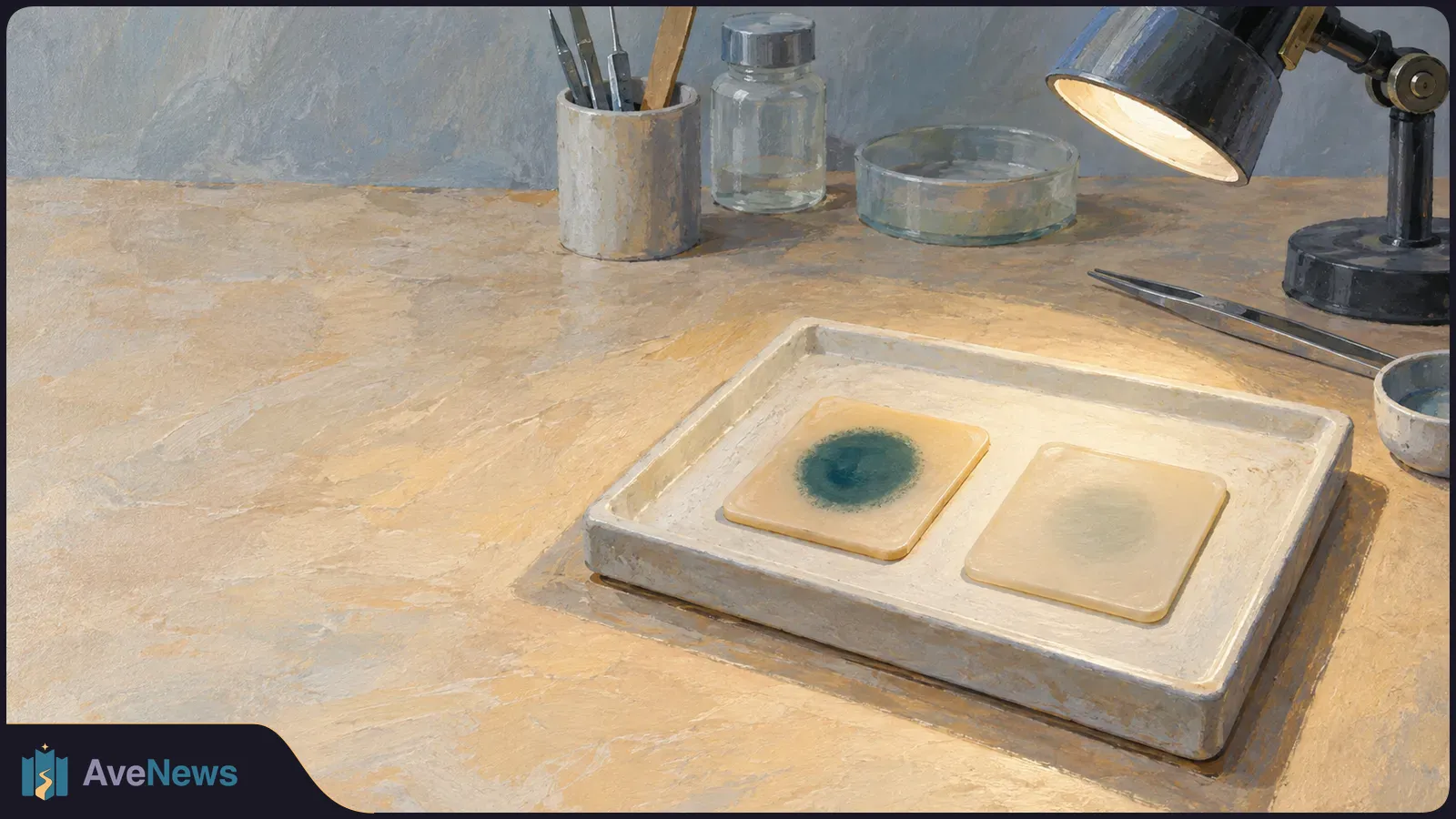 Painted laboratory workbench with two pale square samples in a tray, one bearing a dark blue-green mark and the other blank, beneath a desk lamp. SI illustration
