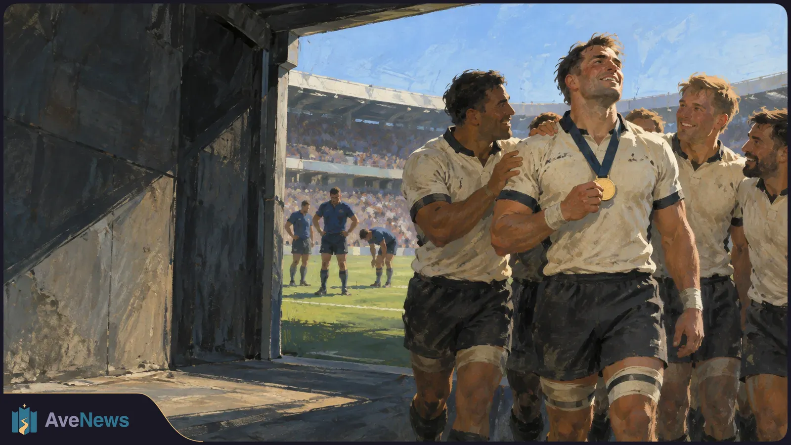 Painted scene of rugby players in white jerseys leaving a stadium tunnel; the player at the front holds up a gold medal while teammates gather around him. SI illustration