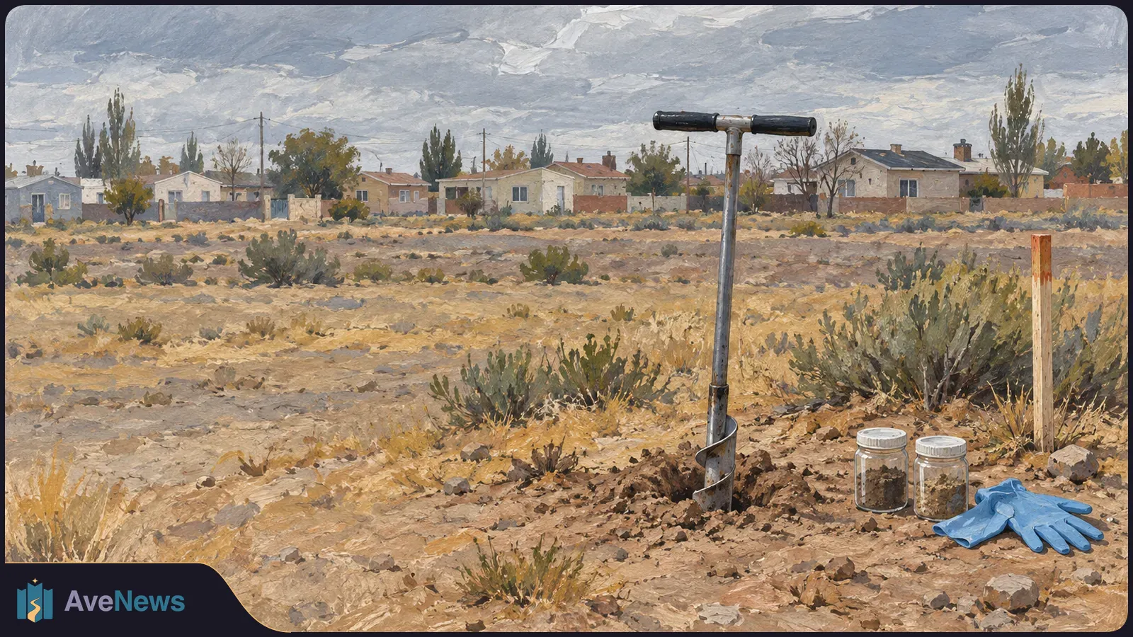 Painted scene of a soil auger in dry, scrubby ground, with two sample jars and blue gloves nearby; houses stand in the distance beneath a cloudy sky. SI illustration