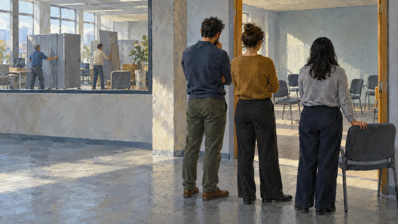 Three people stand with their backs to the viewer, looking into a room with empty chairs; through a window, two others handle partitions in an office. SI illustration