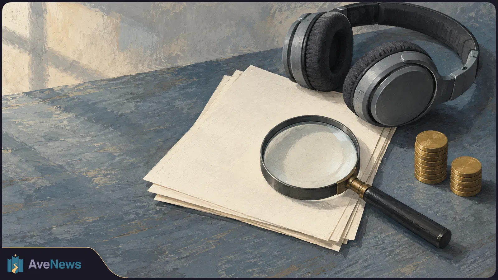 Painterly illustration of headphones, a magnifying glass on blank papers, and two stacks of coins on a blue-gray table. SI illustration