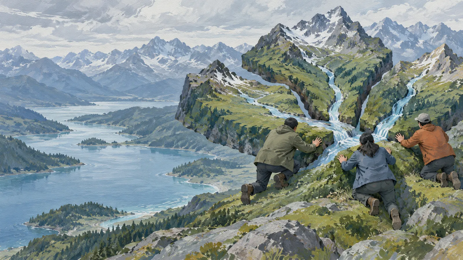 Three people kneel on a mountainside beside separated sections of mountain terrain, where streams converge above a blue lake. SI illustration