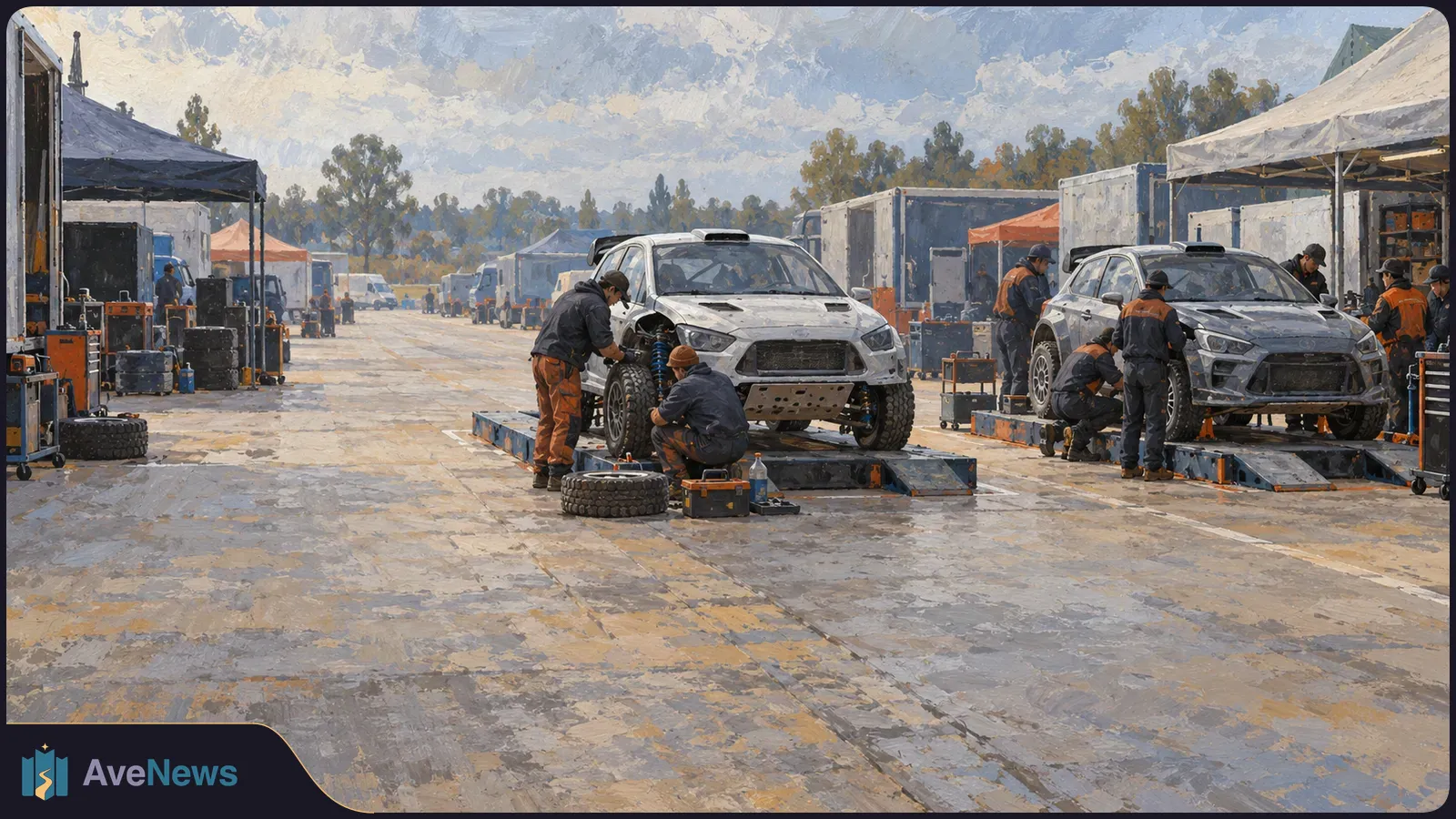 In a painted outdoor service area, mechanics work around two rally cars on platforms, with tents, trucks and tools nearby. SI illustration