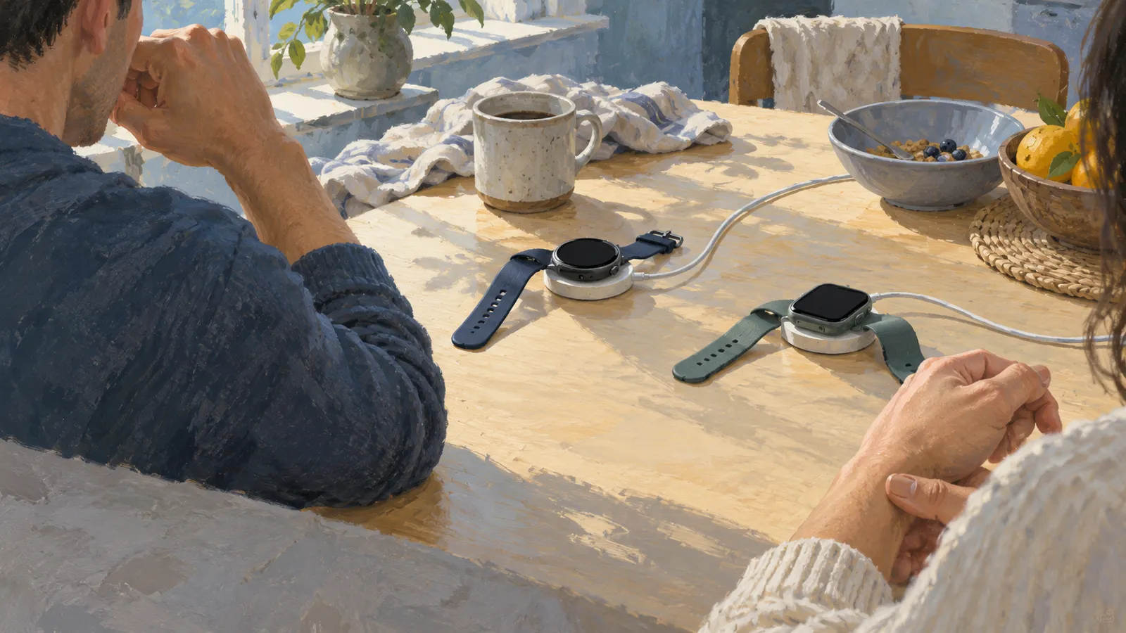 Two people sit at a sunlit table with two smartwatches on charging pads, alongside a mug, a cereal bowl and fruit. SI illustration