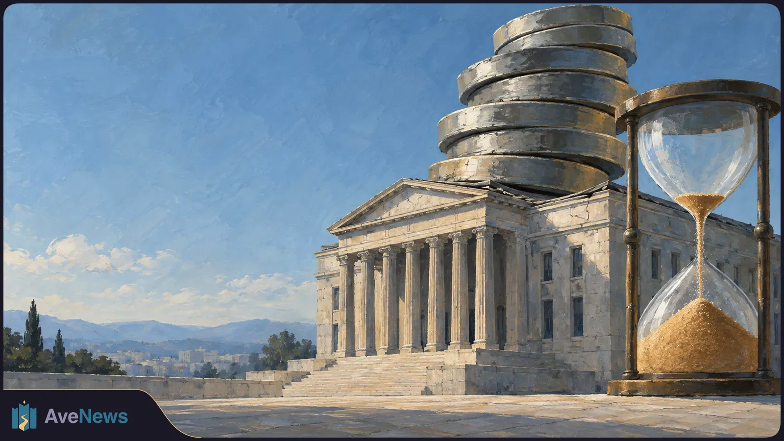 A painted scene of a columned stone building beneath oversized stacks of coins, with a large hourglass on the right and mountains in the distance. SI illustration