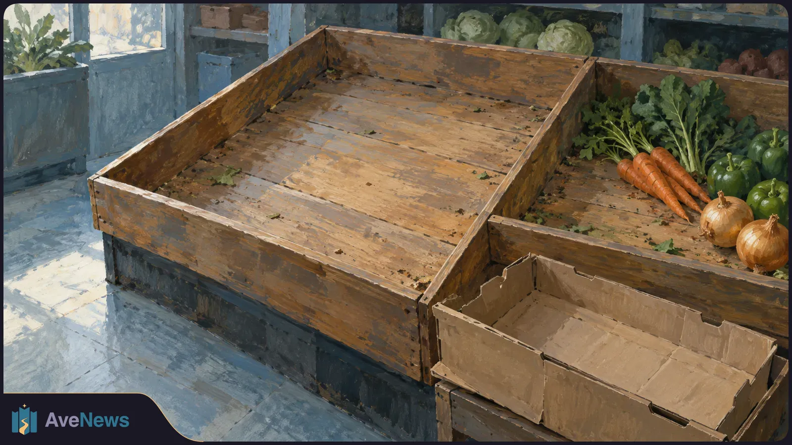 Illustration of a grocery store with a large empty wooden produce bin and an empty cardboard box beside a few carrots, peppers and onions. SI illustration