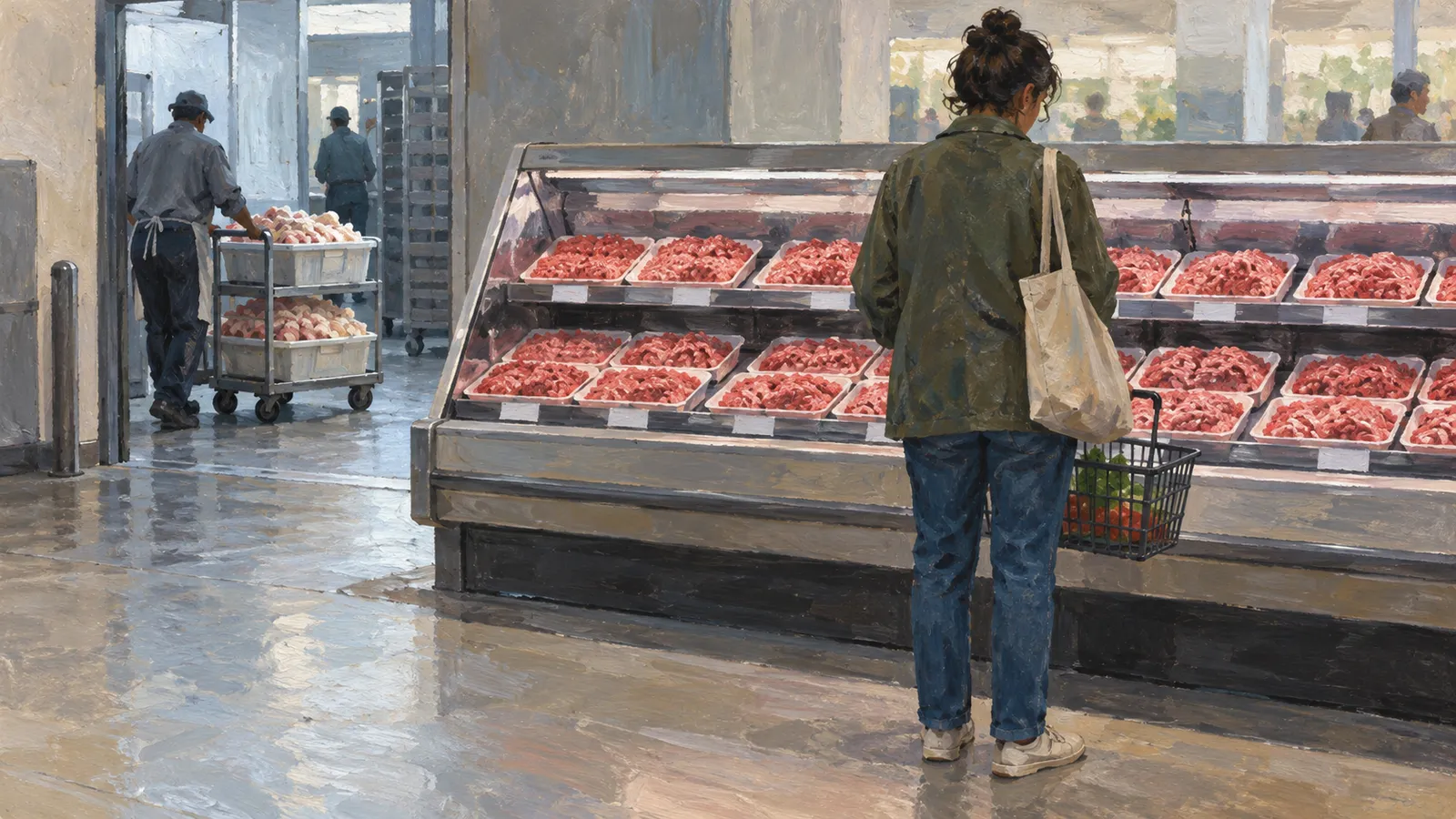 A painted supermarket scene shows a shopper facing trays of ground meat, while a worker pushes a cart of meat in the background. SI illustration