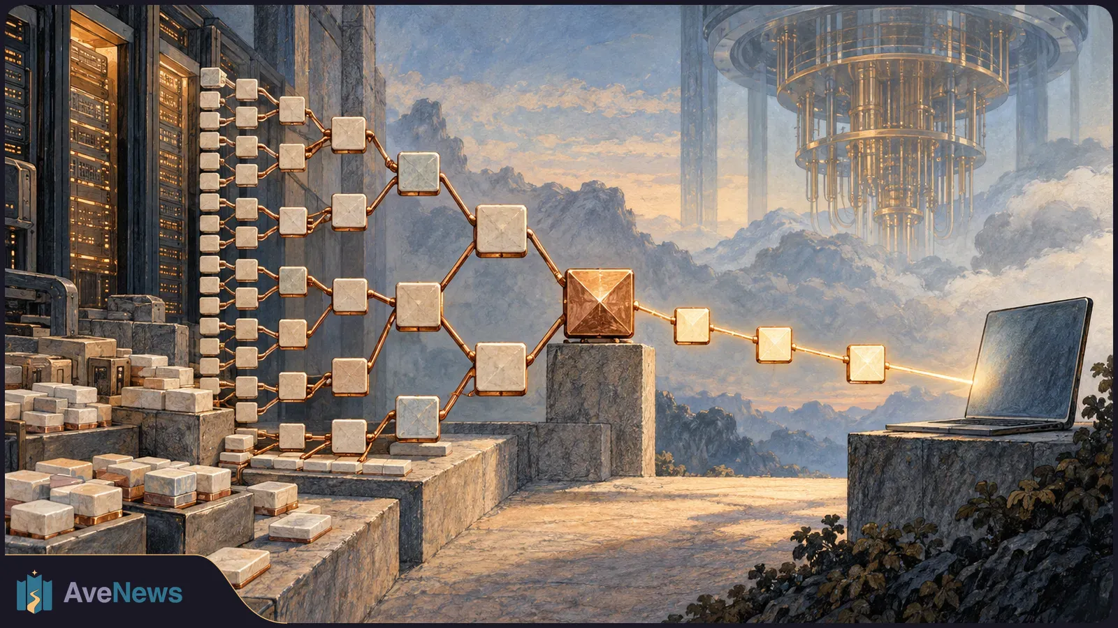 Painted server racks feed branching rows of connected tiles into a glowing central block, then a short chain leading to a laptop beneath a suspended machine. SI illustration